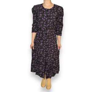 Vintage Button Up Church Dress Size 8 Black Purple Floral Dark Cottage Core Rose